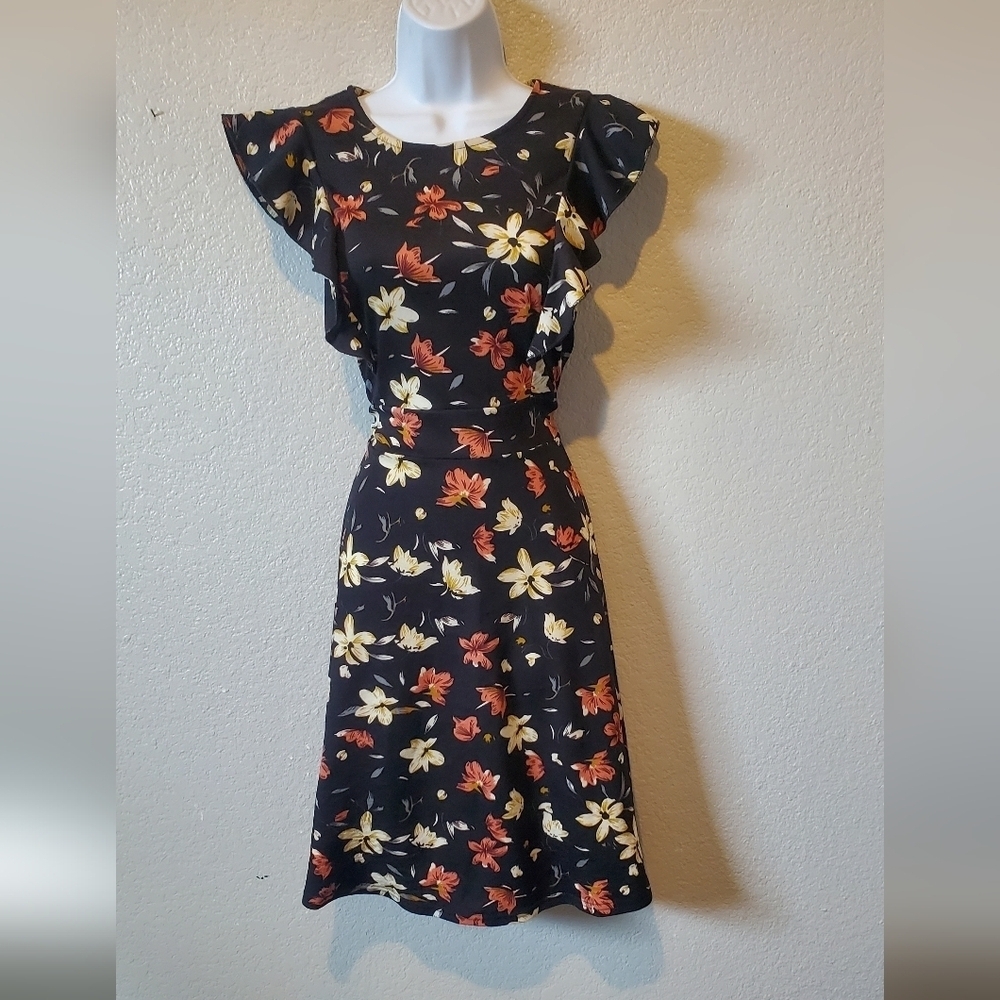 YATHON Black Floral Ruffled Feminine Midi Dress Size Medium
